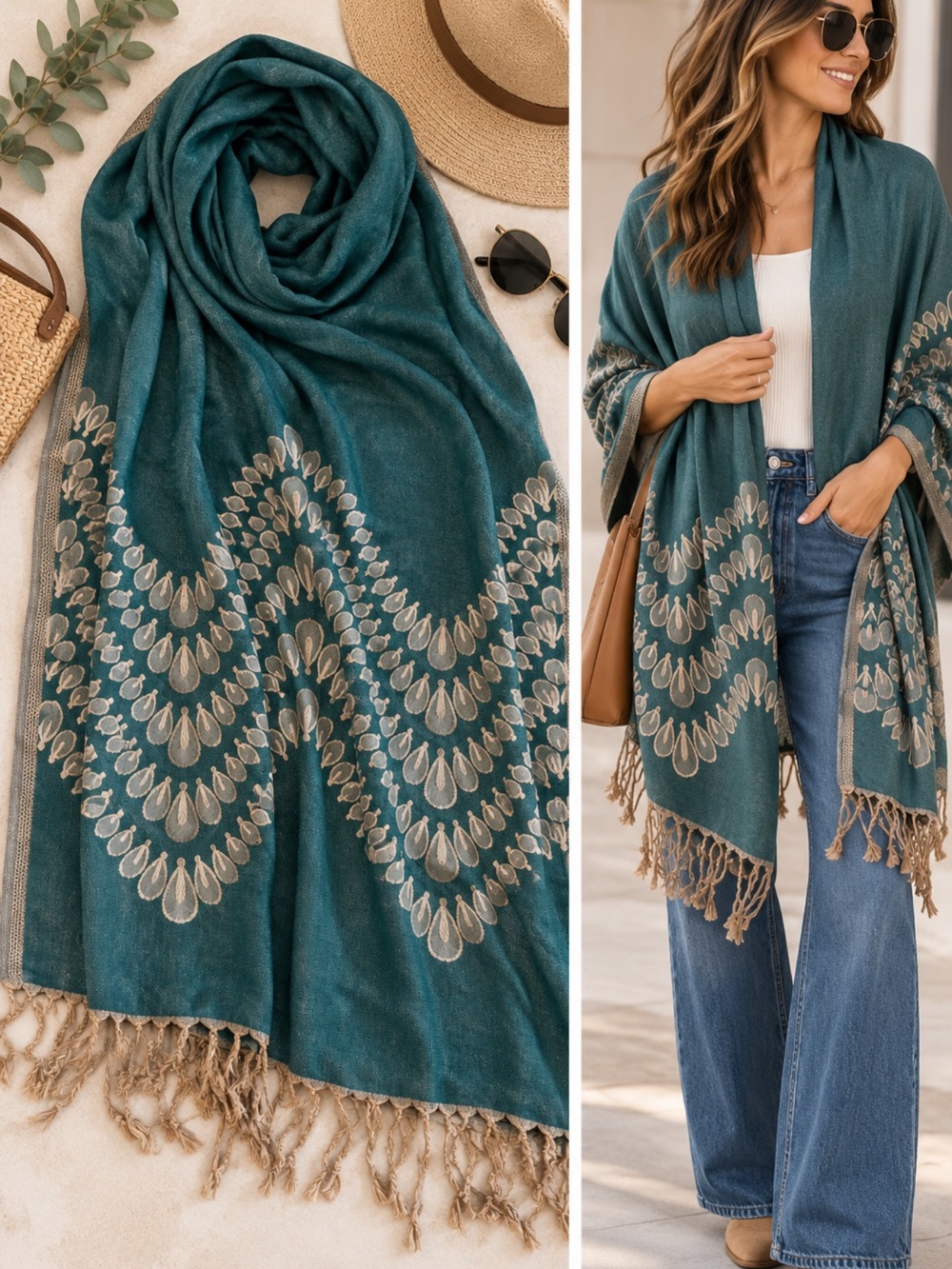Teal Embroidered Fringe Scarf - Brand Unknown